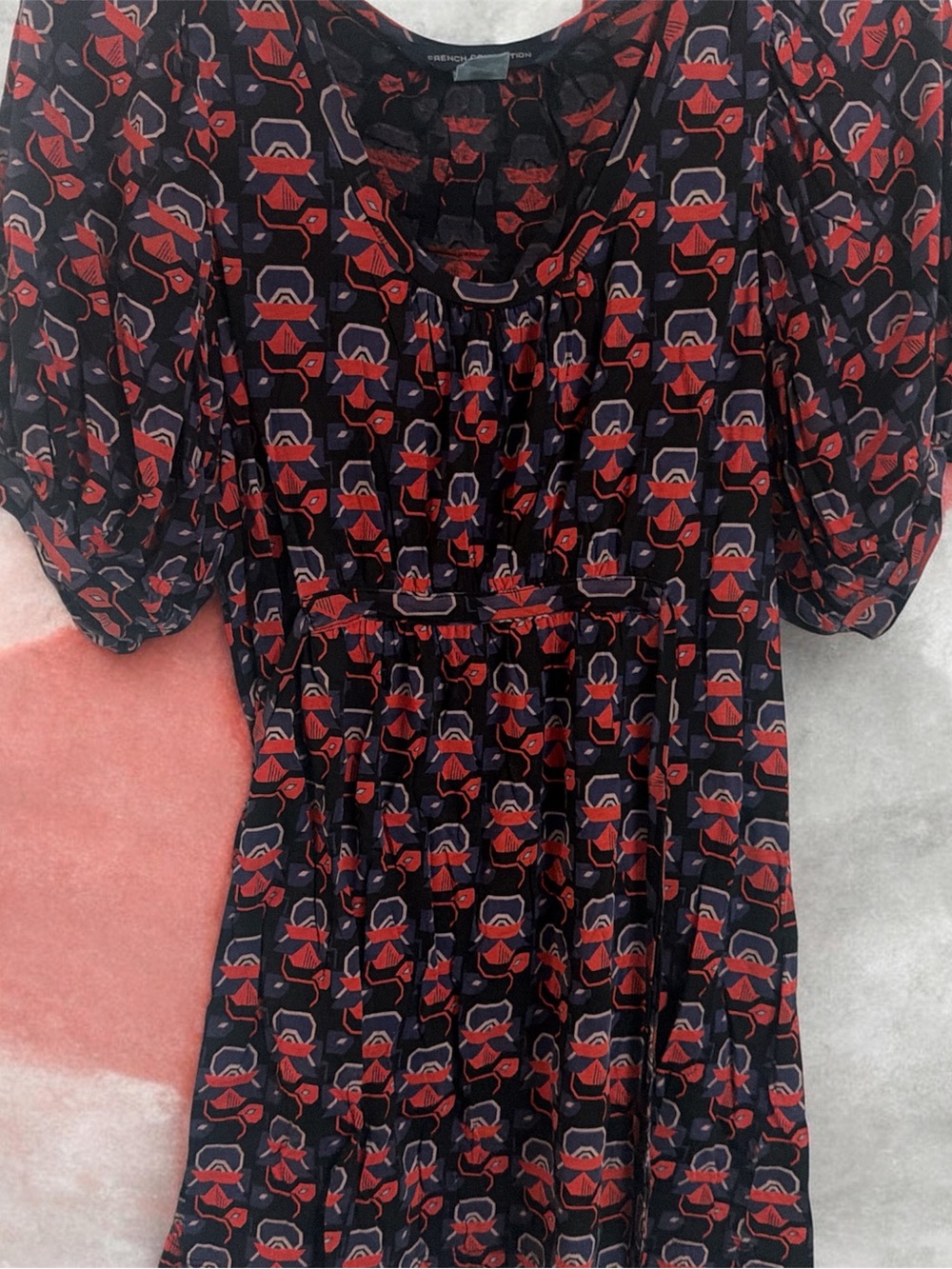 French Connection Black Red Patterned Puff-Sleeve Tunic